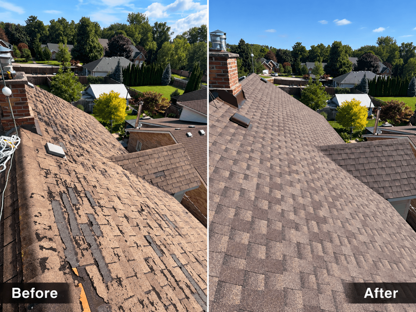 Before: a roof with worn, patchy shingles. After: the same roof with a completed, even shingle surface.